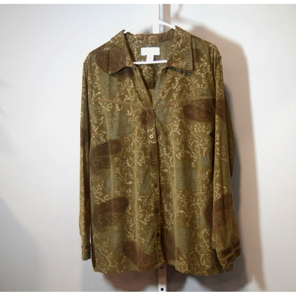 CJ Banks Size 2X Green Corduroy Button Front Shirt Paisley/Floral Lace Boho Vibe